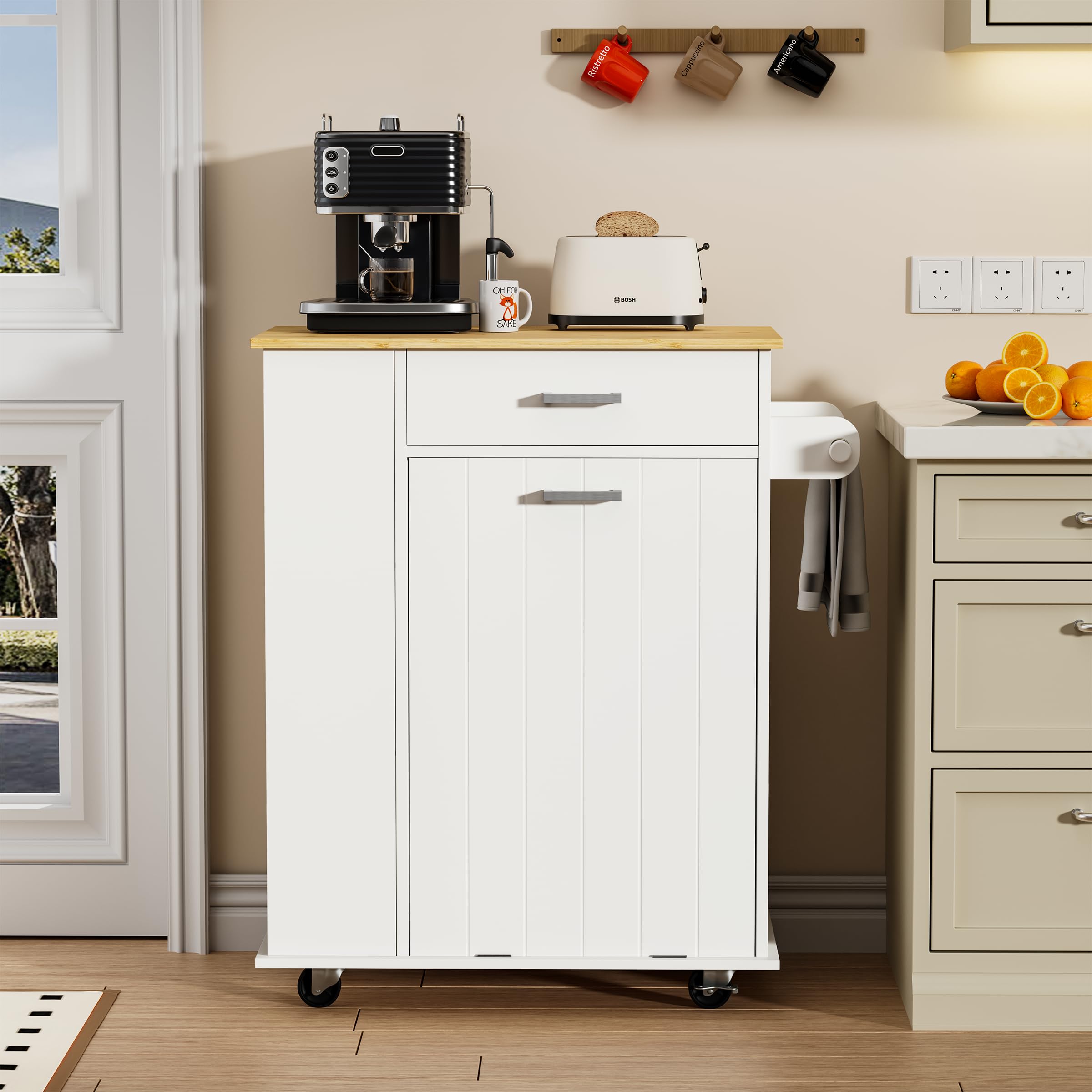 Kitchen Island with Trash Can Storage, Portable Kitchen Island on Wheels