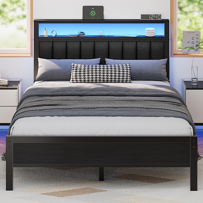Twin Size Bed Frame with Charging Station and LED Lights, Platform Bed