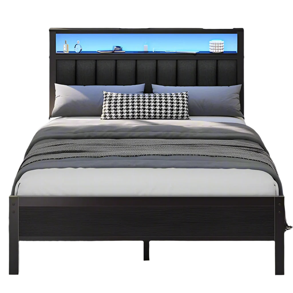 Full Size Bed Frame with Charging Station and LED Lights, Platform Bed with Metal Slats