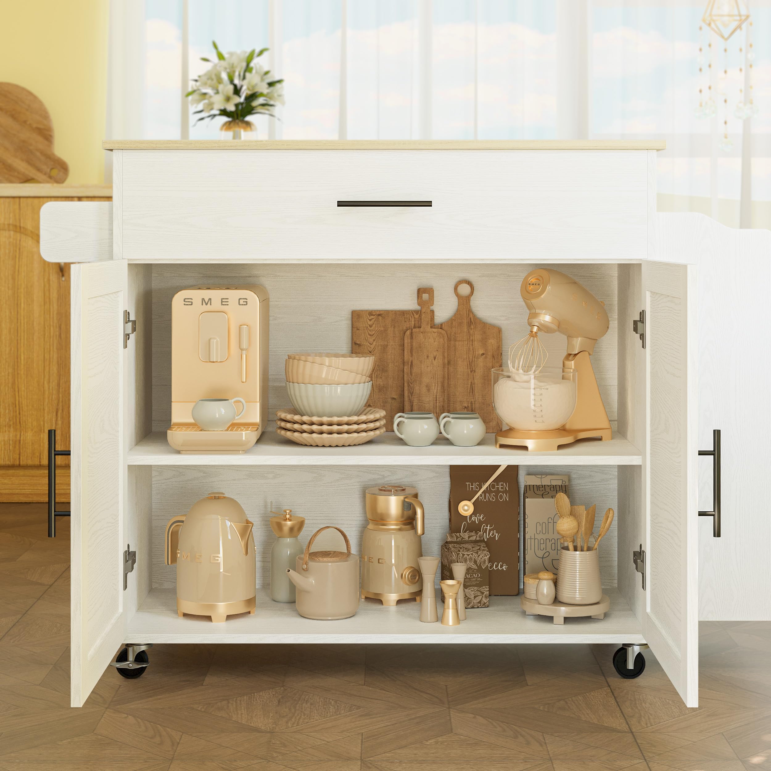 Kitchen Island with Storage, Rolling Kitchen Island on Wheels with Drop Leaf