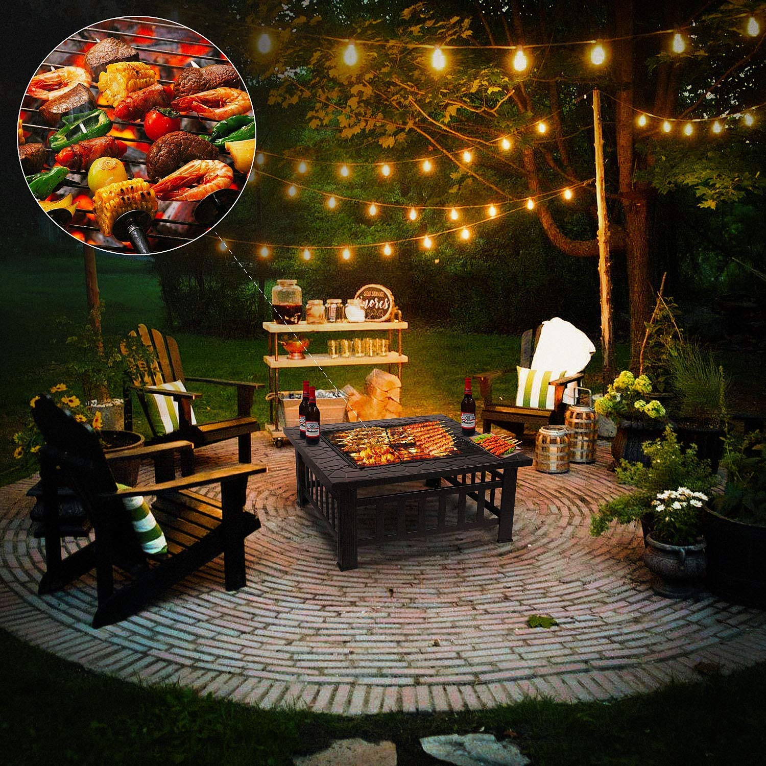 32" Fire Pit Square Wood Burning Outdoor Firepit Includes Fire Poker and Cover