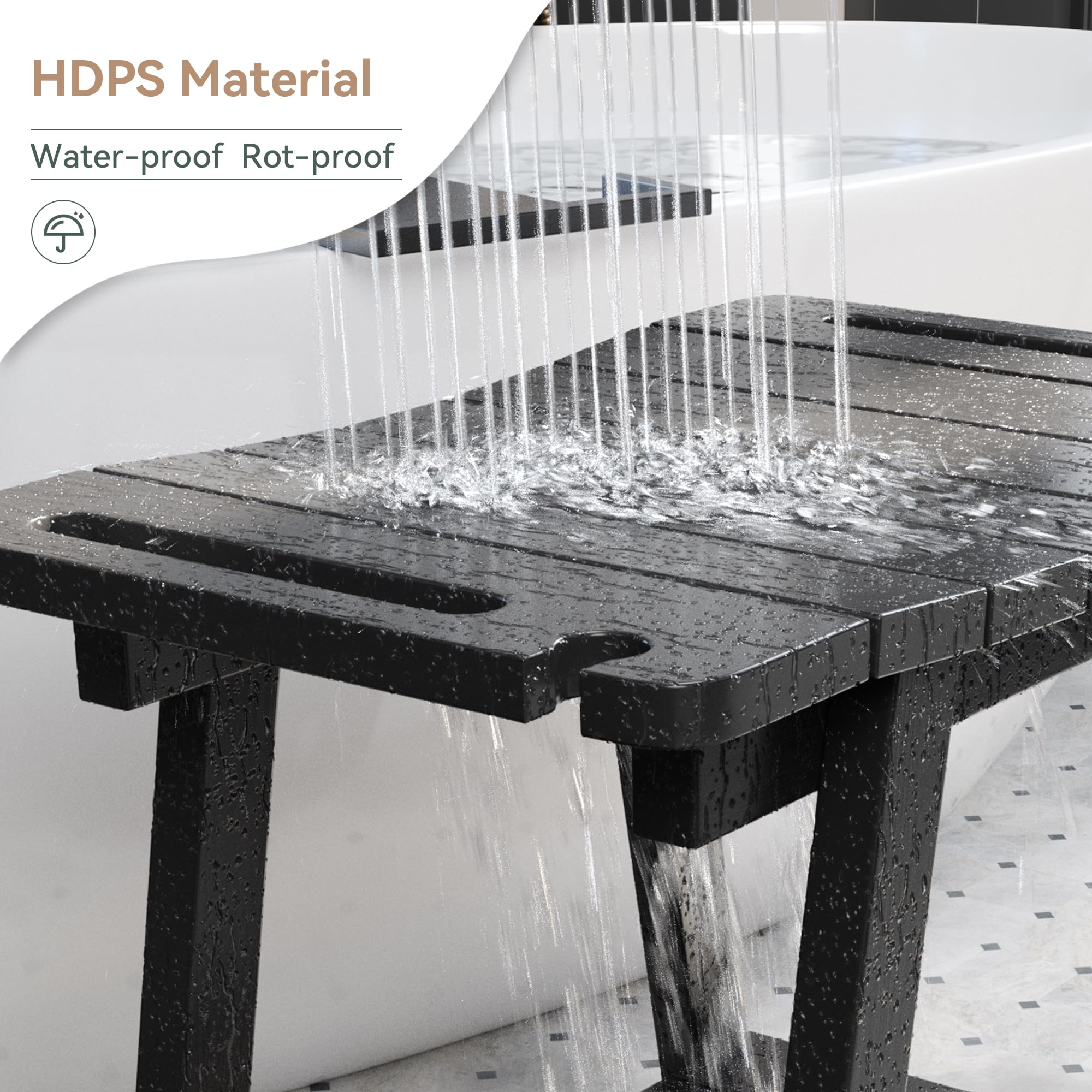 LUE BONA Shower Bench, HDPS Shower Seat with Storage Shelf, Waterproof Shower Chair, Non-Slip Shower Stool for Adults, Elderly, Disabled, Seniors, Large Size, Black