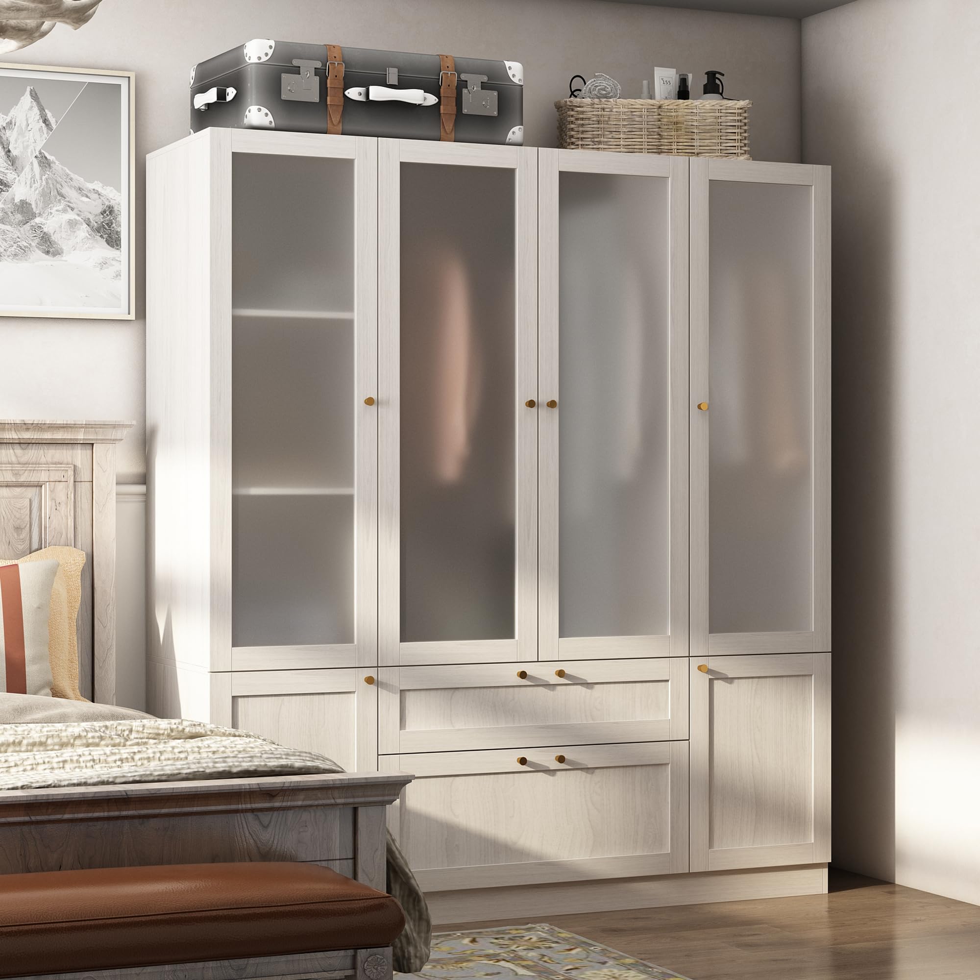 Armoire Wardrobe Closet with 4 Frosted Glass Doors, Hanging Bars