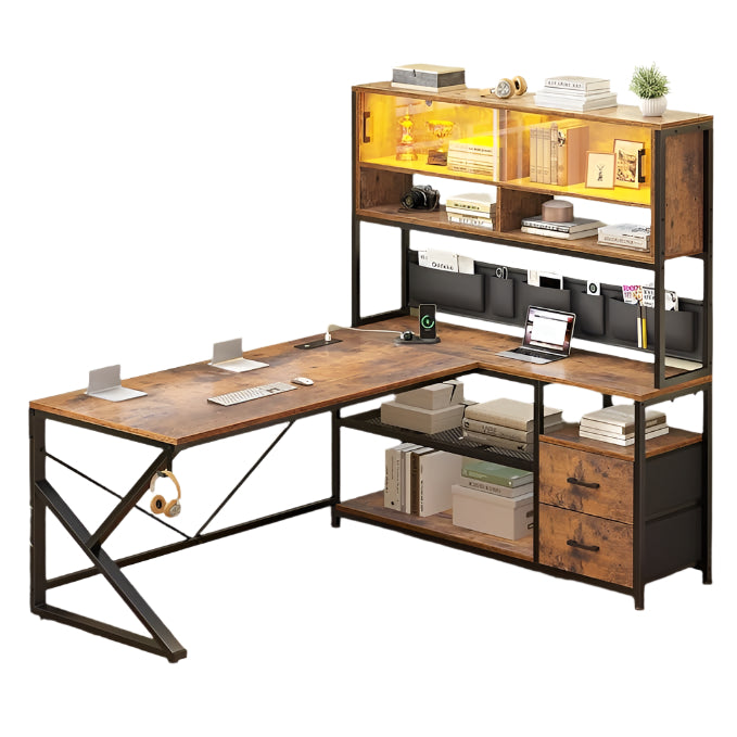 L Shaped Gaming Desk, Home Office Computer Desk with 2 Drawer and Bookshelf