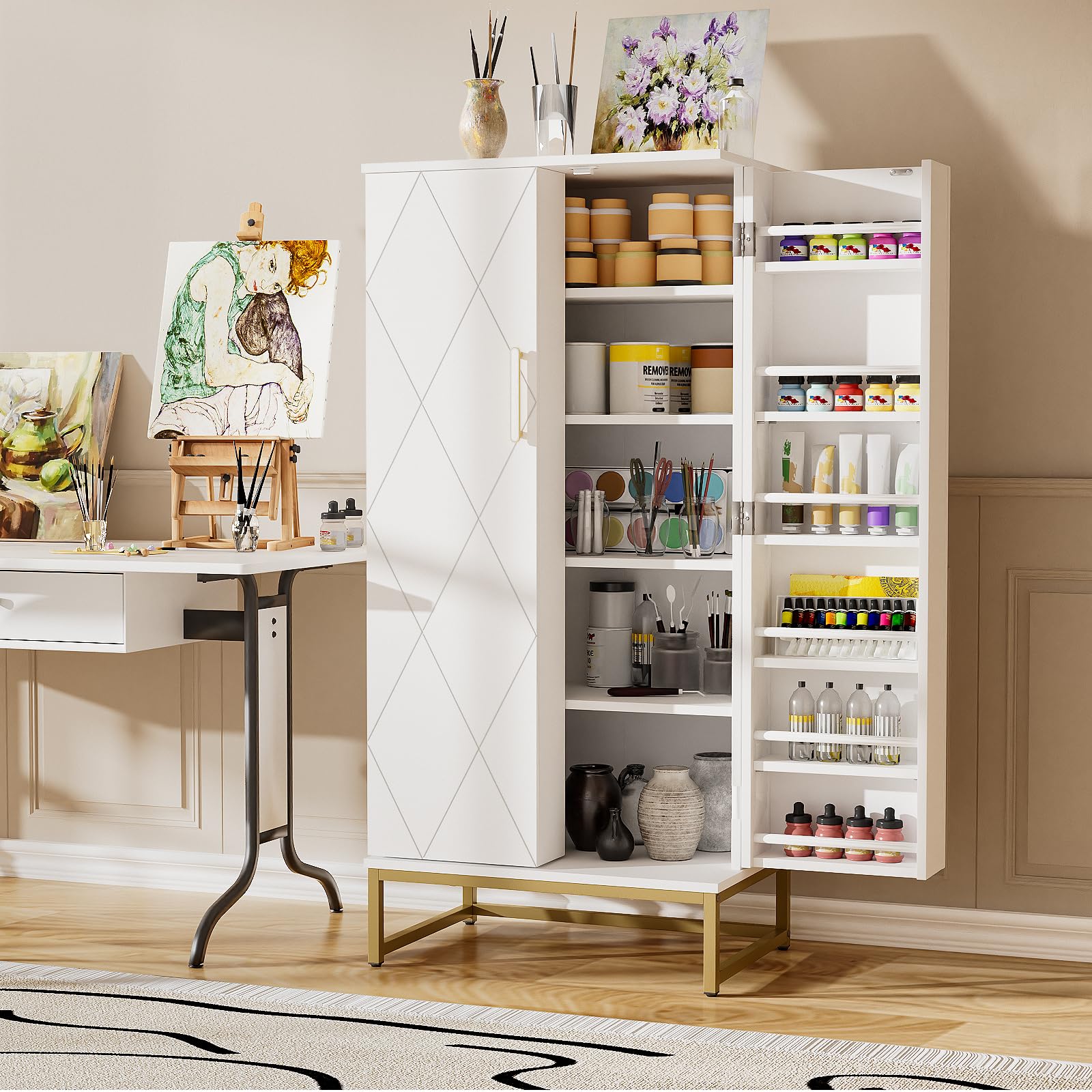 51” Pantry Cabinets, White Freestanding Kitchen Pantry Storage Cabinet