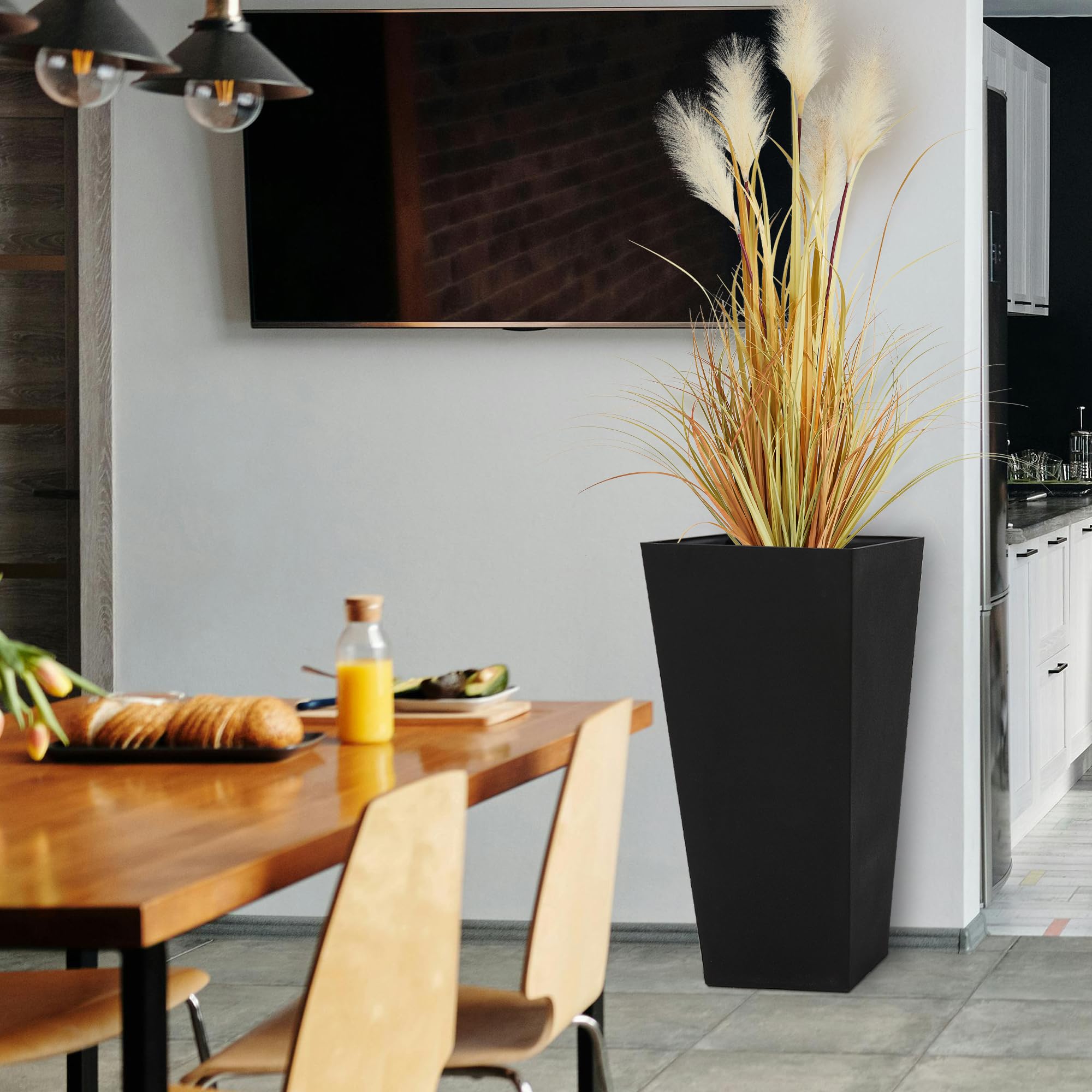 Garden 2-Pack Black Matte Texture Square Tapered Planter - 25.5" H. Tall Plastic Plant