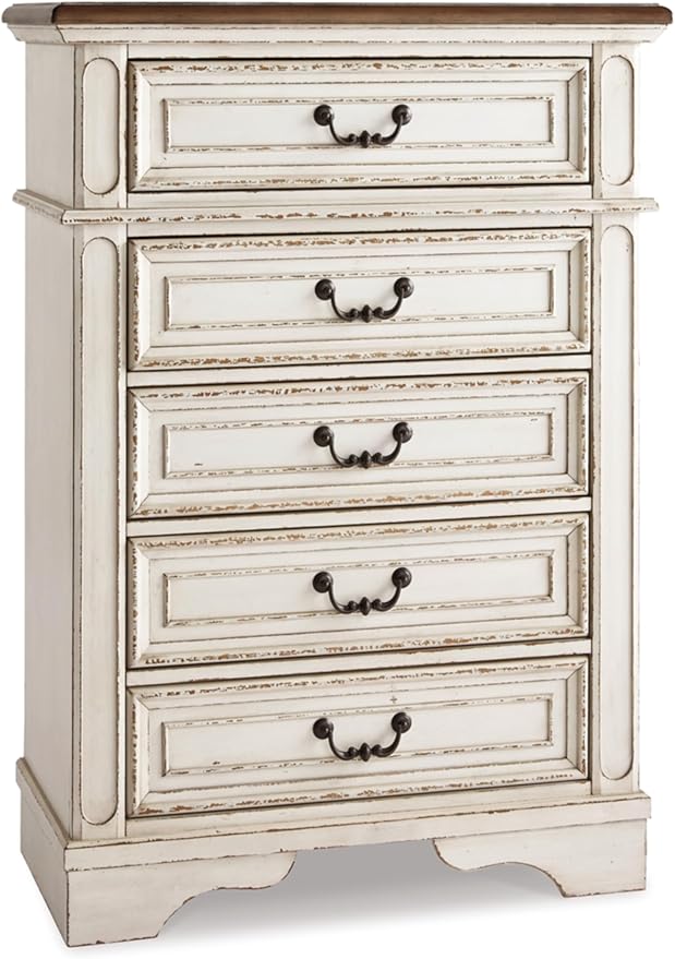 Realyn French Country Two Tone 5 Drawer Chest of Drawers, Chipped White