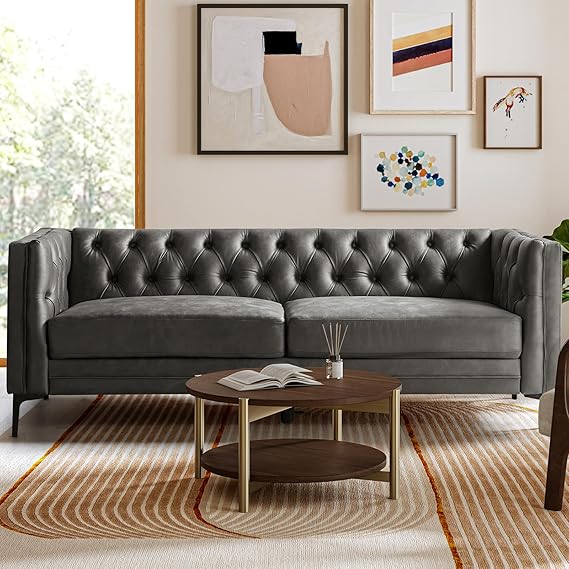 84" W Faux Leather Sofa Couch with Metal Legs, Button-Tufted 3-Seater Sofa