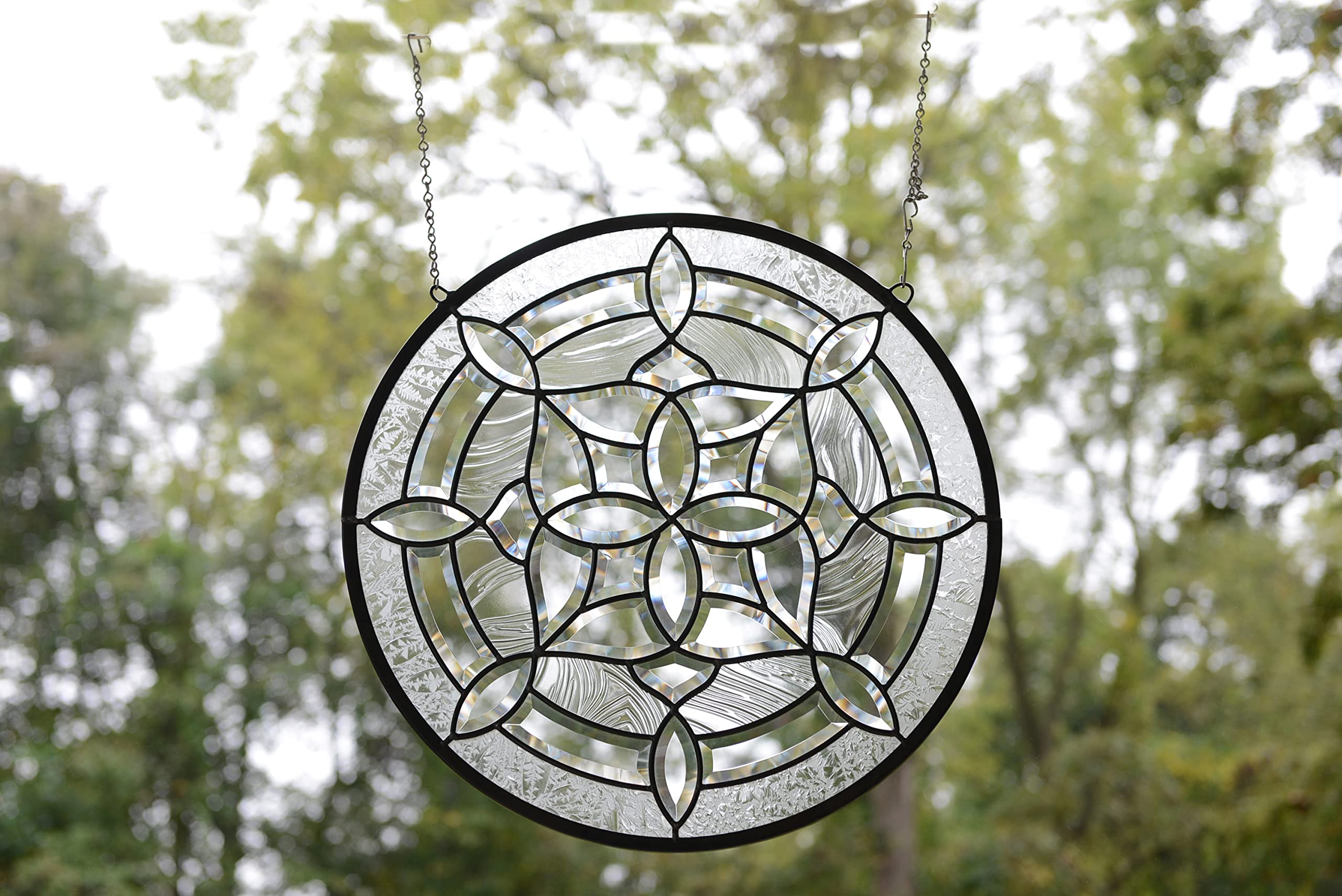 21" Dia All Clear Hanging Stained Glass Beveled Window Panel