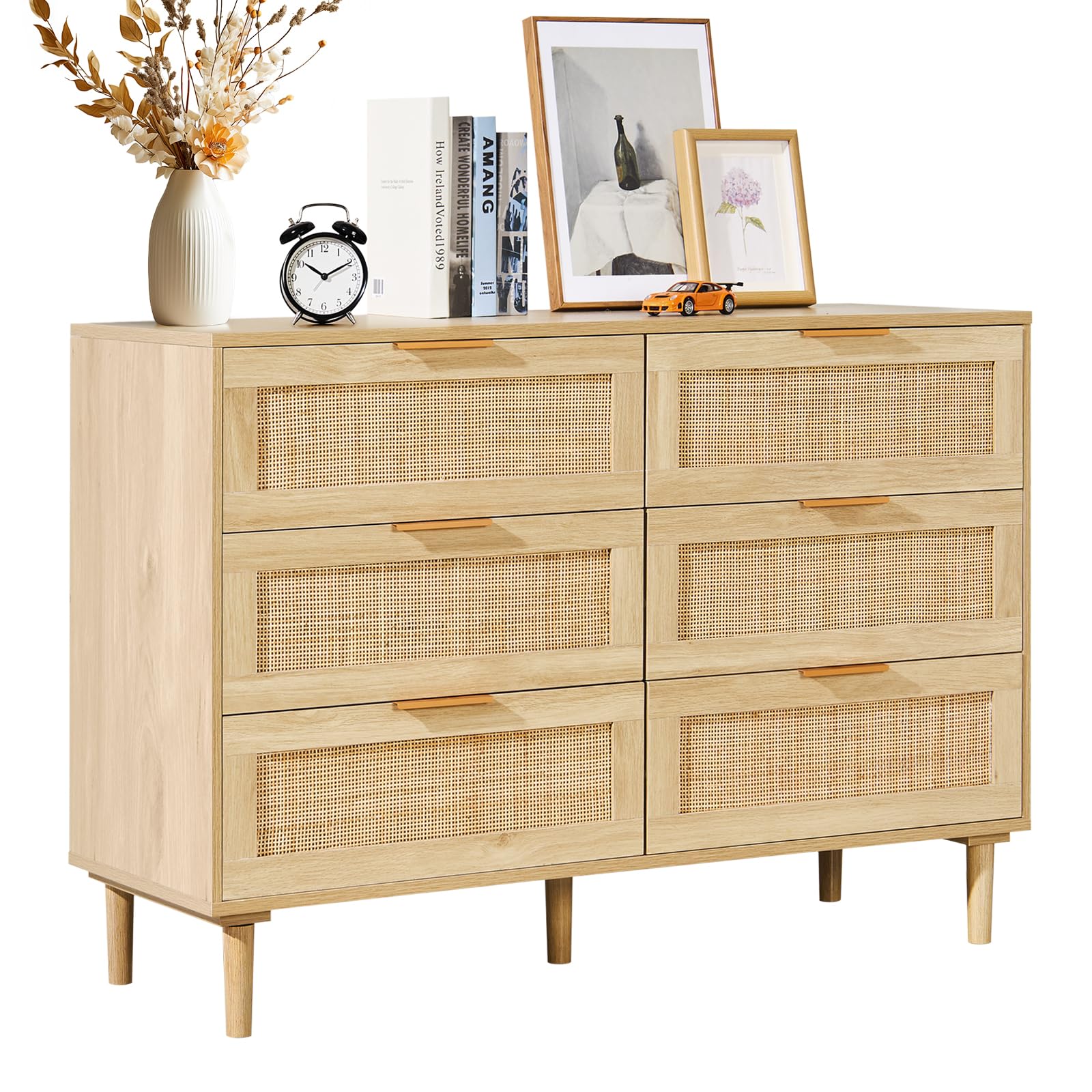 6 Drawer Rattan Dresser, Boho Dresser, Rattan Chest of Drawers with Spacious Storage