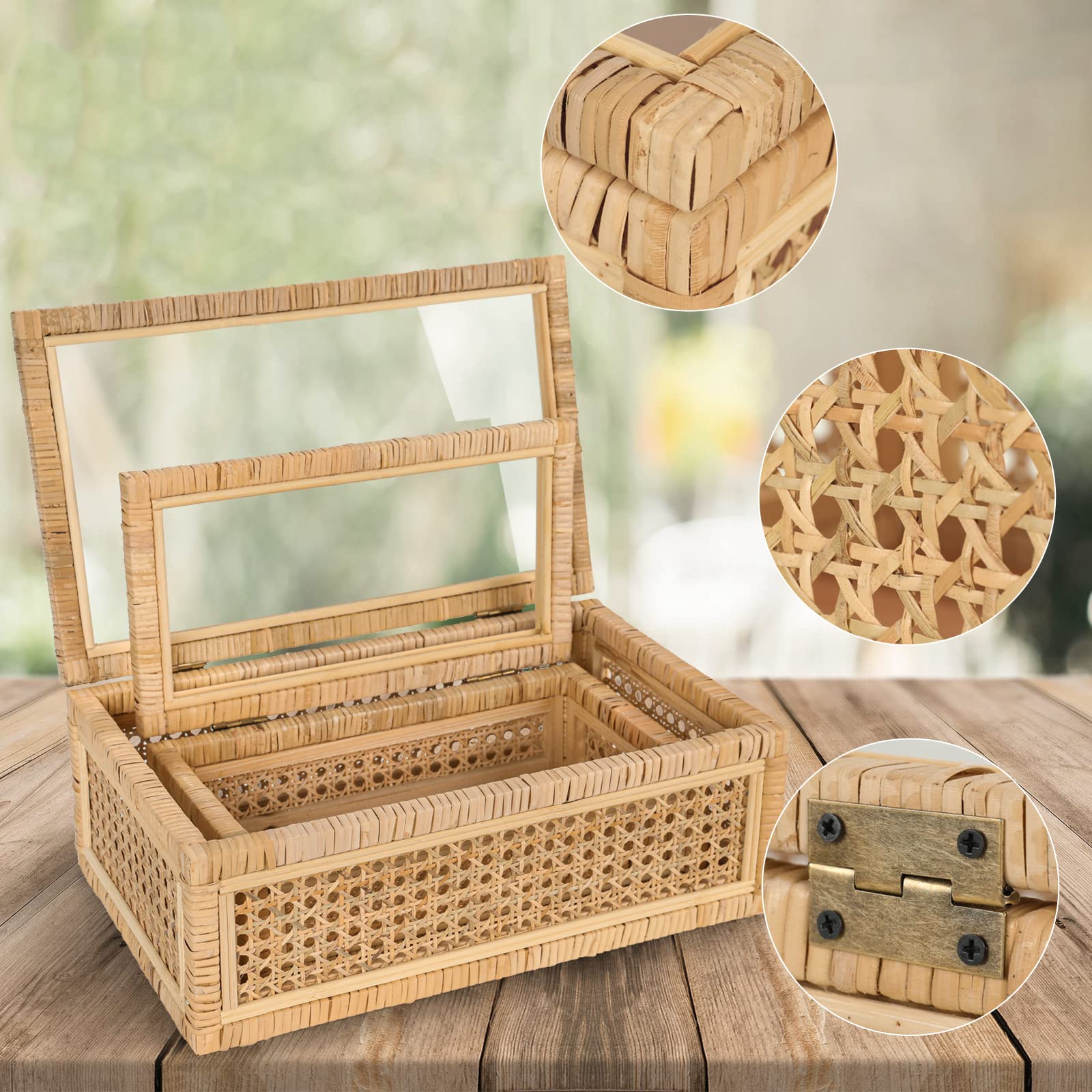 Handwoven Boho Rattan Display Boxes with Glass Lids - Set of 2 Rectangular Decorative Storage Bins - Natural Woven Cane Home Decor Organizers