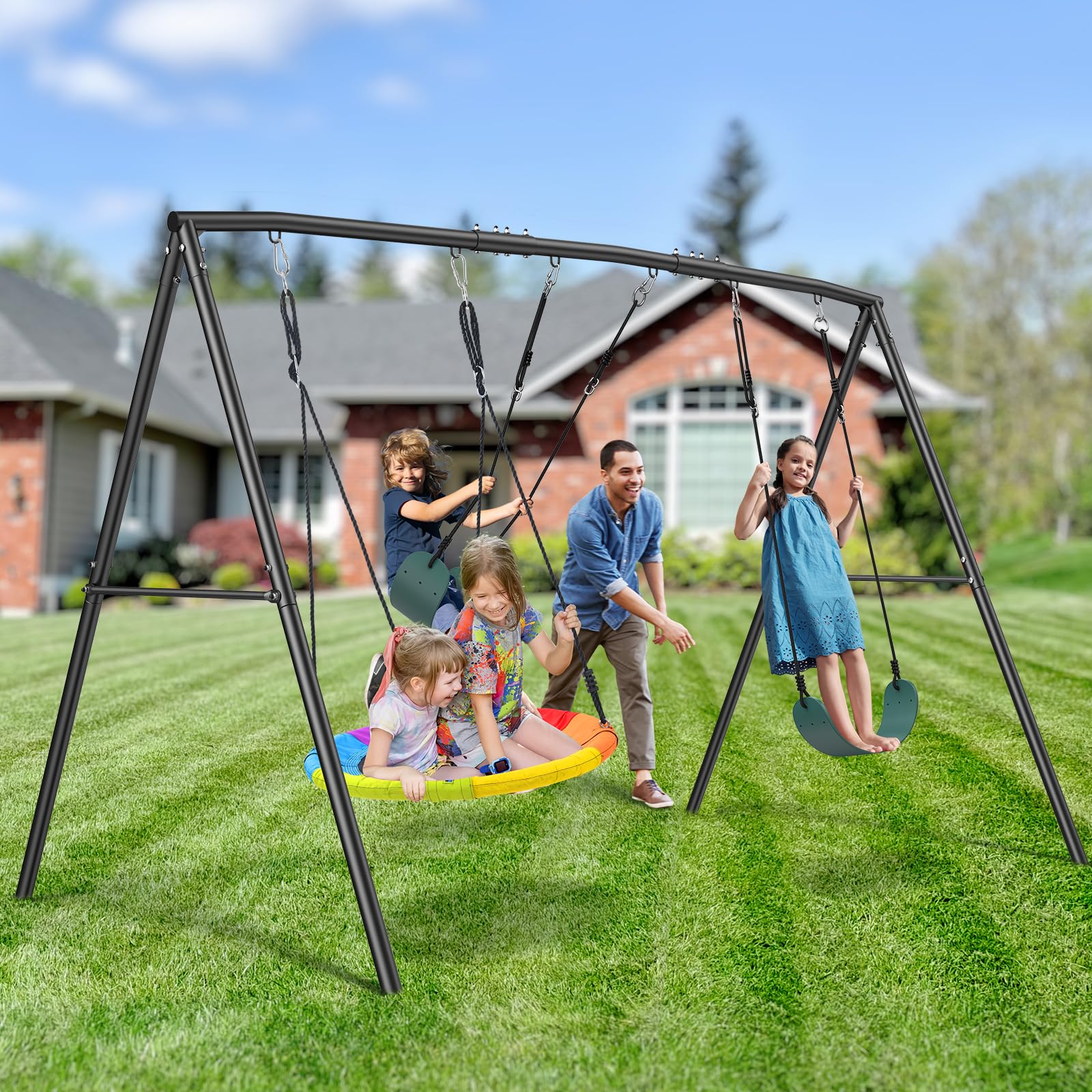 500lb Heavy Duty Metal Swing Sets for Backyard with Saucer Swing