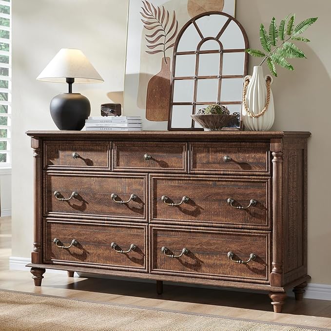 Farmhouse 7 Drawers Dresser Chests for Bedroom w/ 4 Column Solid Wood Feet