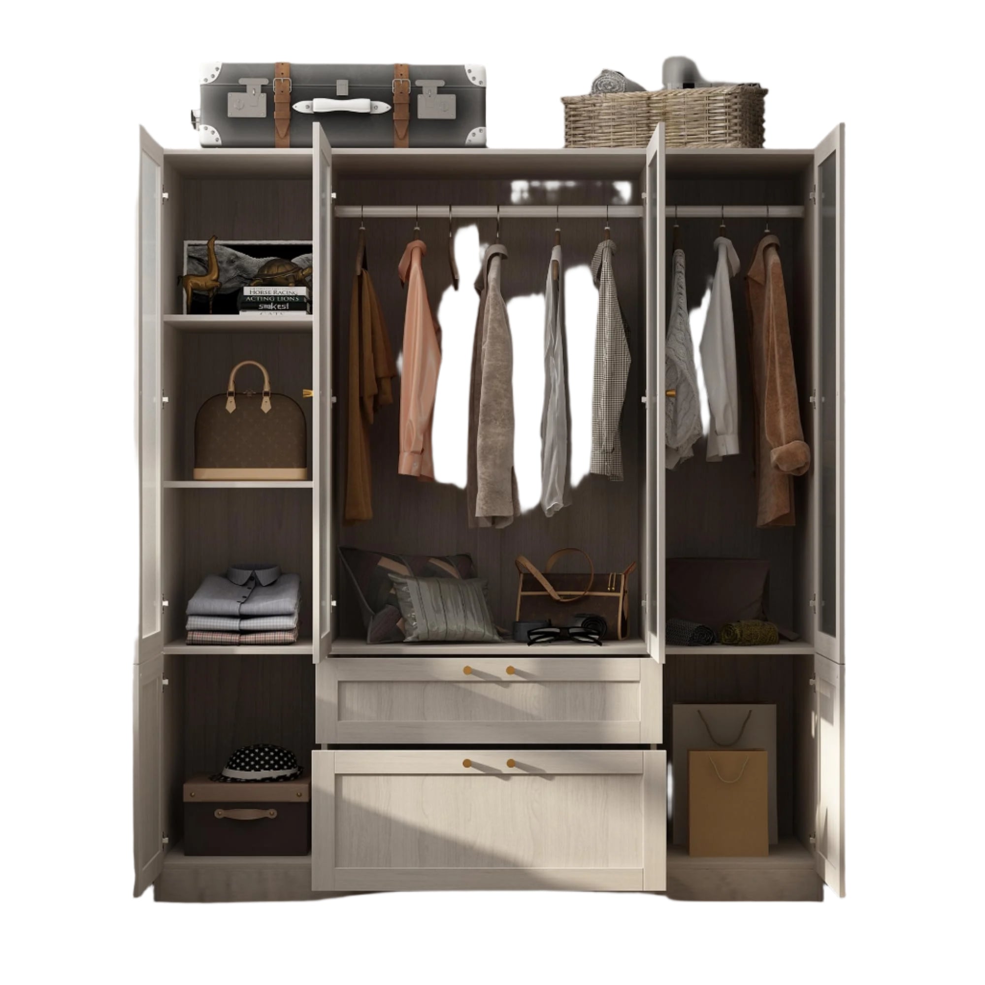 Armoire Wardrobe Closet with 4 Frosted Glass Doors, Hanging Bars