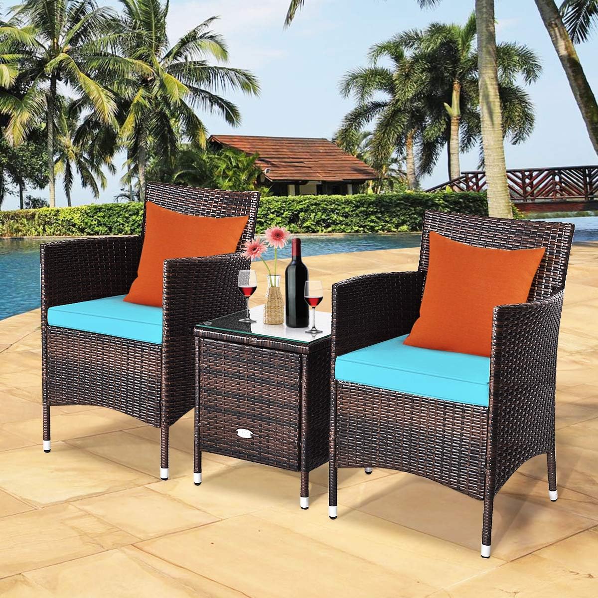 3 PCS Patio Conversation Set, Outdoor Wicker Rattan Furniture Set for Patio