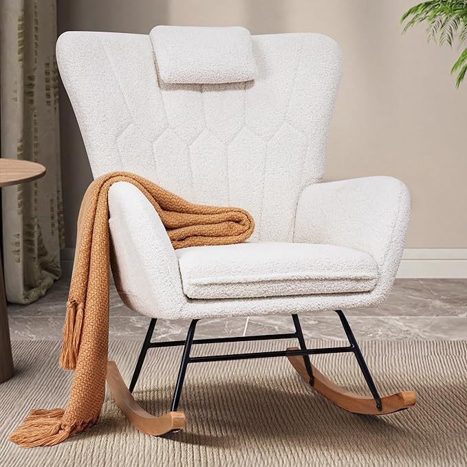 Chair Nursery with Thick Headrest, Modern Teddy Upholstered Reading Glider