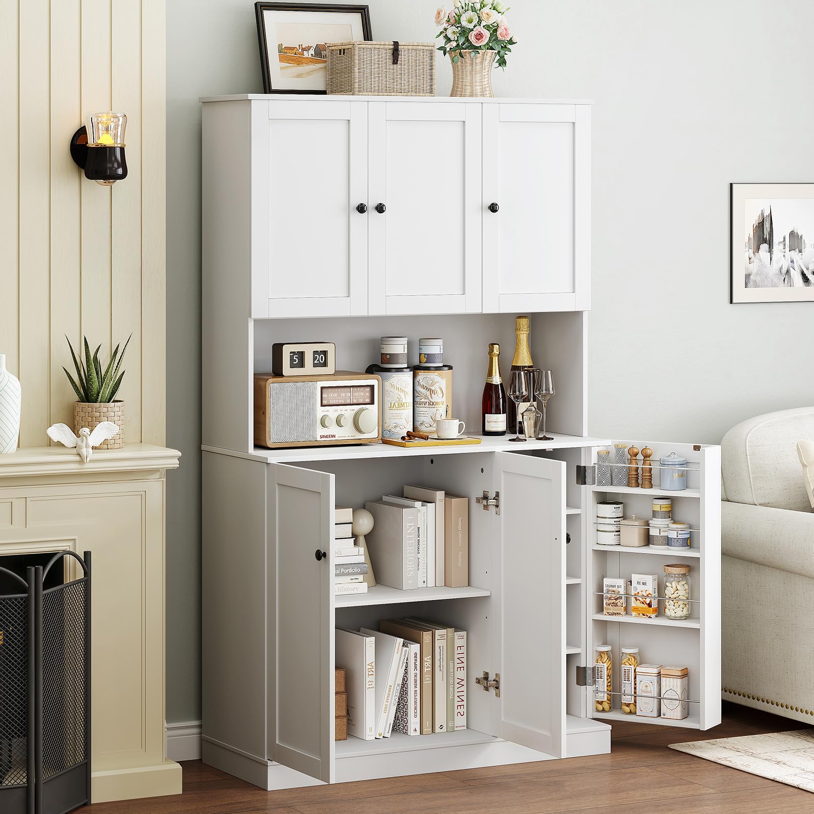 71" Tall Kitchen Pantry Storage Cabinet with Microwave Stand & Door Shelf