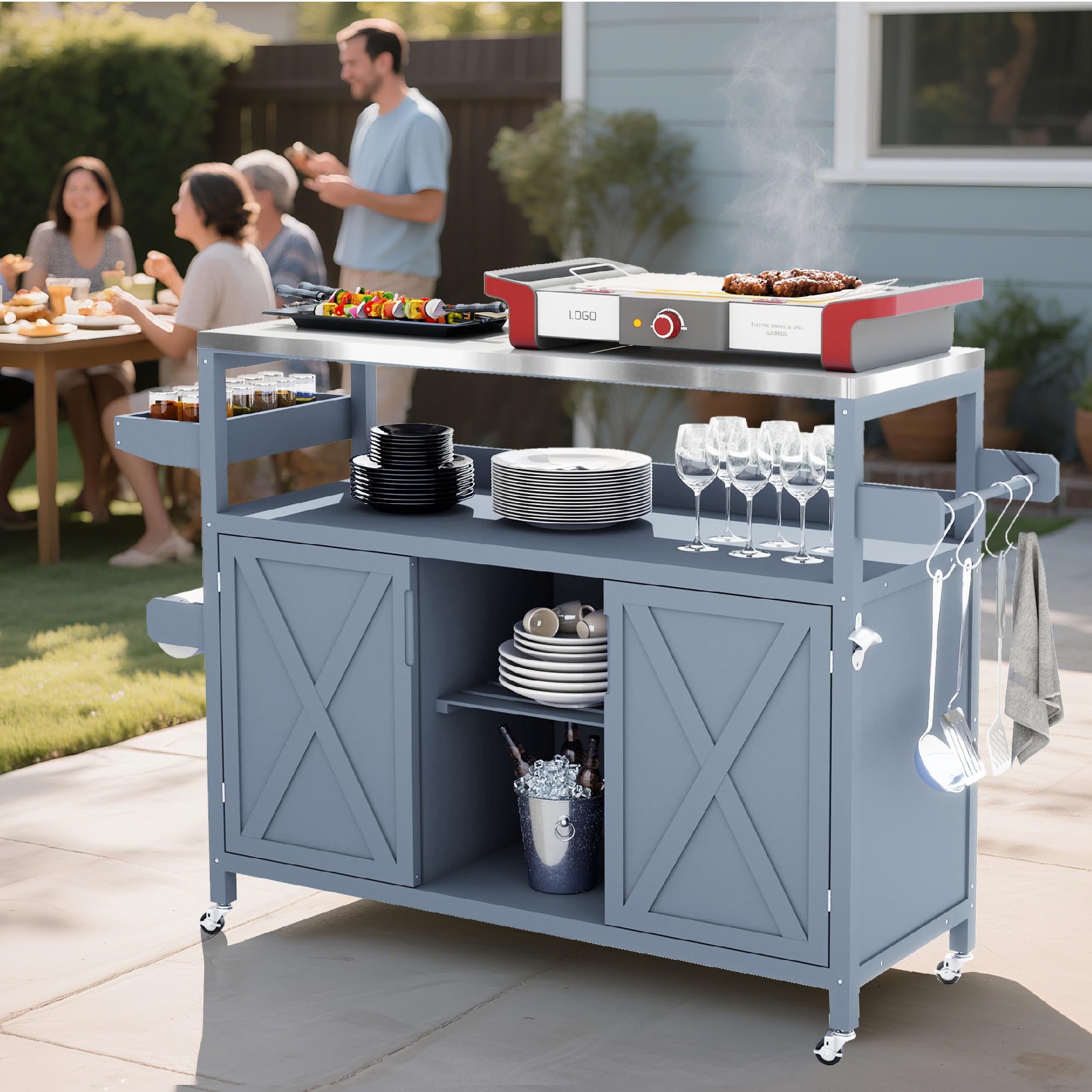 Outdoor Kitchen Island,Stainless Steel Tabletop Outdoor Grill Cart