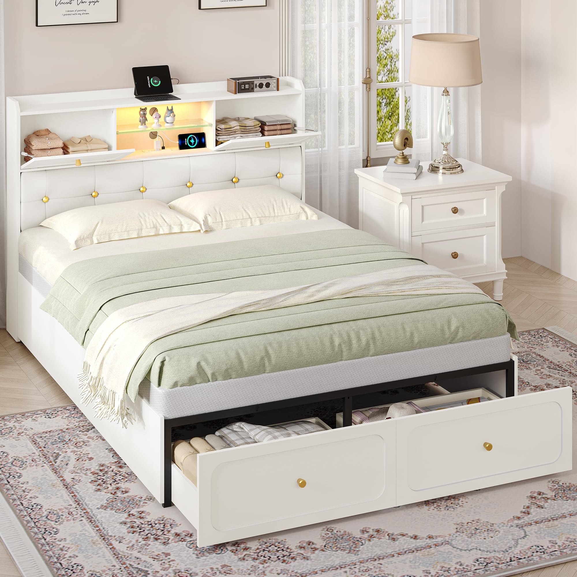 Bed Frame with Upholstered Headboard and 2 Storage Cabinet, Smart LED Lights