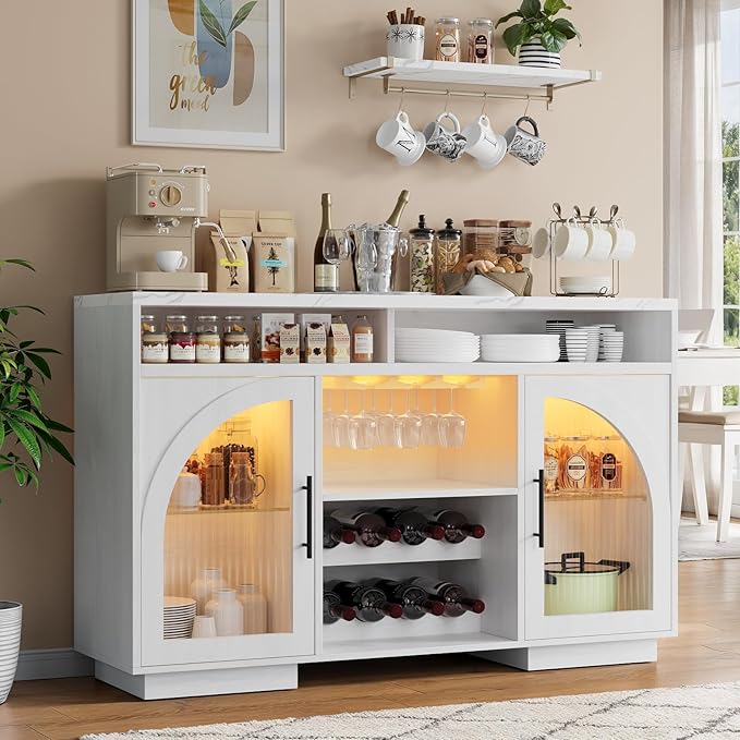 Sideboard Buffet Cabinet, 54" Kitchen Cabinet with LED Lights & Arched Glass Doors