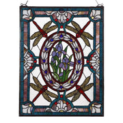 W10031 Dragonfly Iris Flower Tiffany Style Stained Glass Window Panel with Chain, Rectangular Shape, 19" W x 25" H