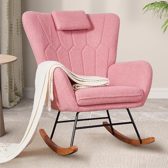 Chair Nursery with Thick Headrest, Modern Teddy Upholstered Reading Glider Rocker