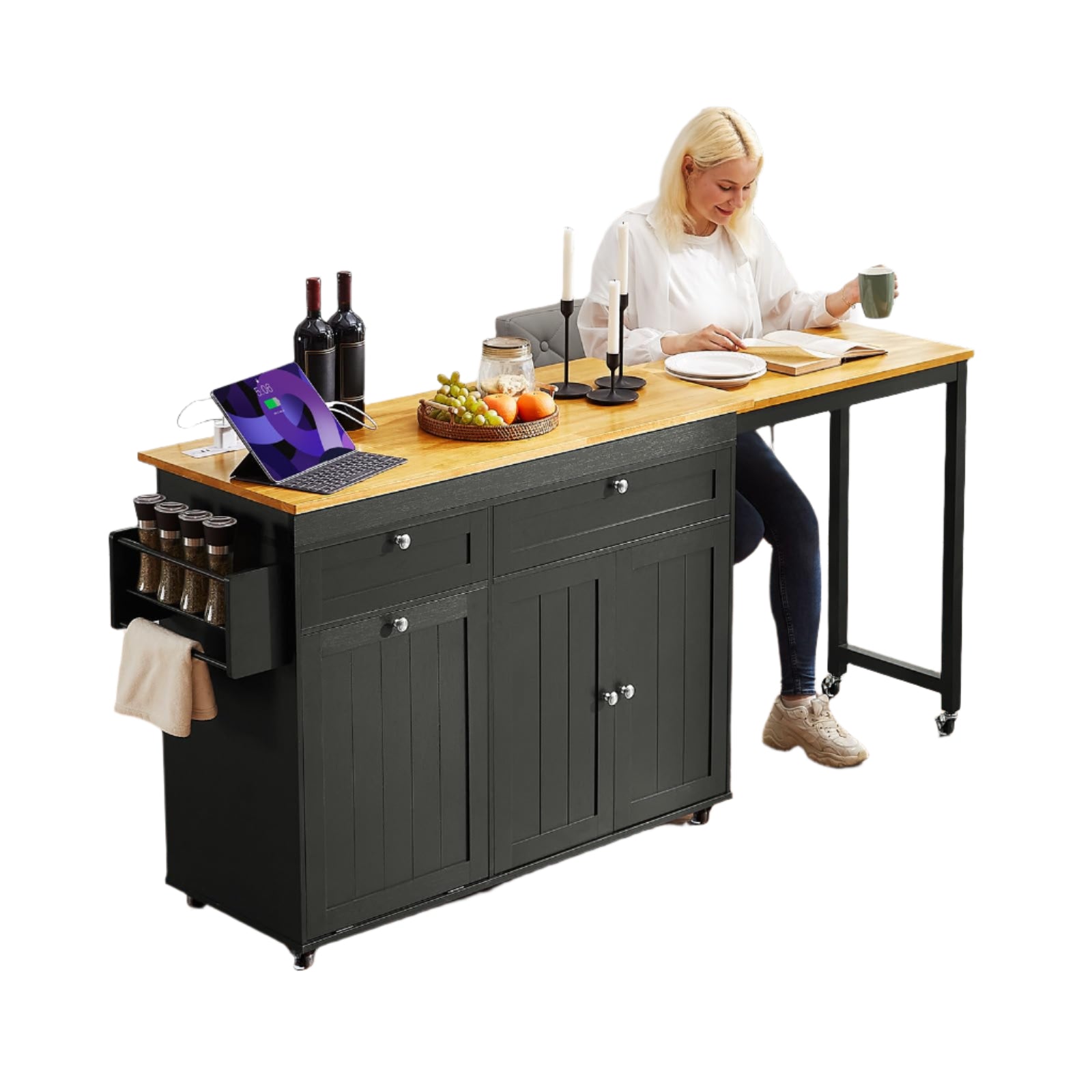 Kitchen Islands with Extendable Dining Table, 81.7" Mobile Kitchen Storage Islands