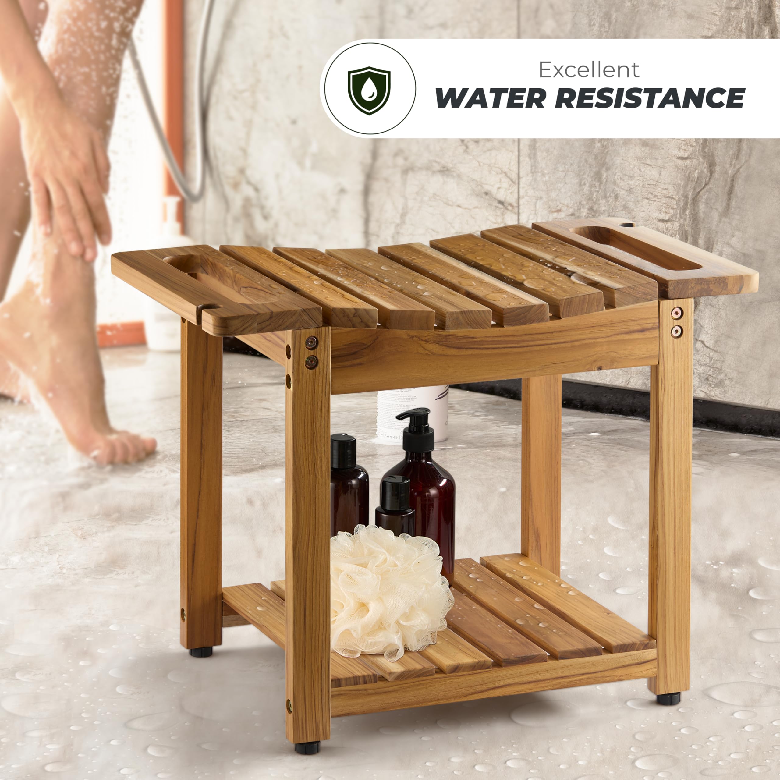LotusSway Teak Shower Bench Seat with Storage Shelf, Wood Shower Benches for Inside Shower to Sit on, Teak Shower Stool & Spa for Elderly with Shower Head Holder & Built in Handle for Bathroom/Outdoor