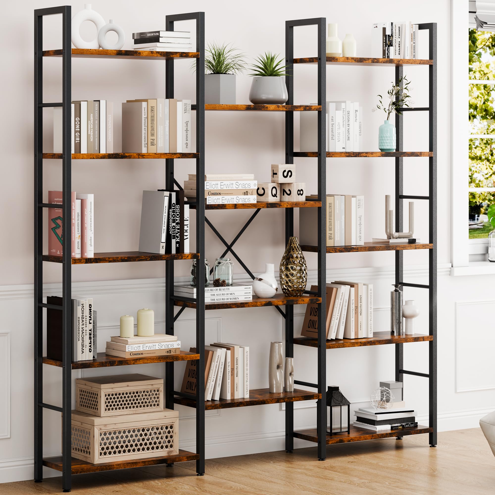 Triple Column 5 Tier Bookshelf, Industrial Large Bookcase with 14 Open Display Shelves