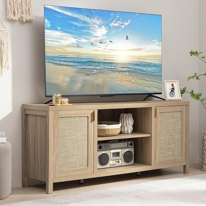 TV Stand for Living Room : Rattan TV Console Cabinet with Storage and Shelf