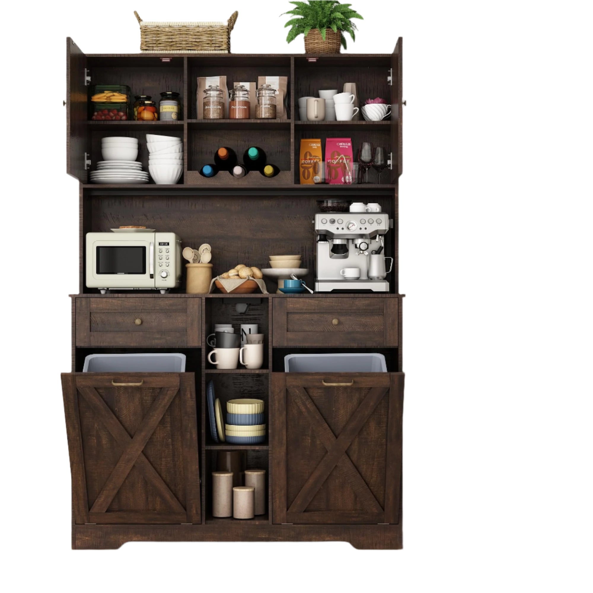 Kitchen Pantry Storage Cabinet with Power Outlets,Farmhouse Kitchen Double Tilt