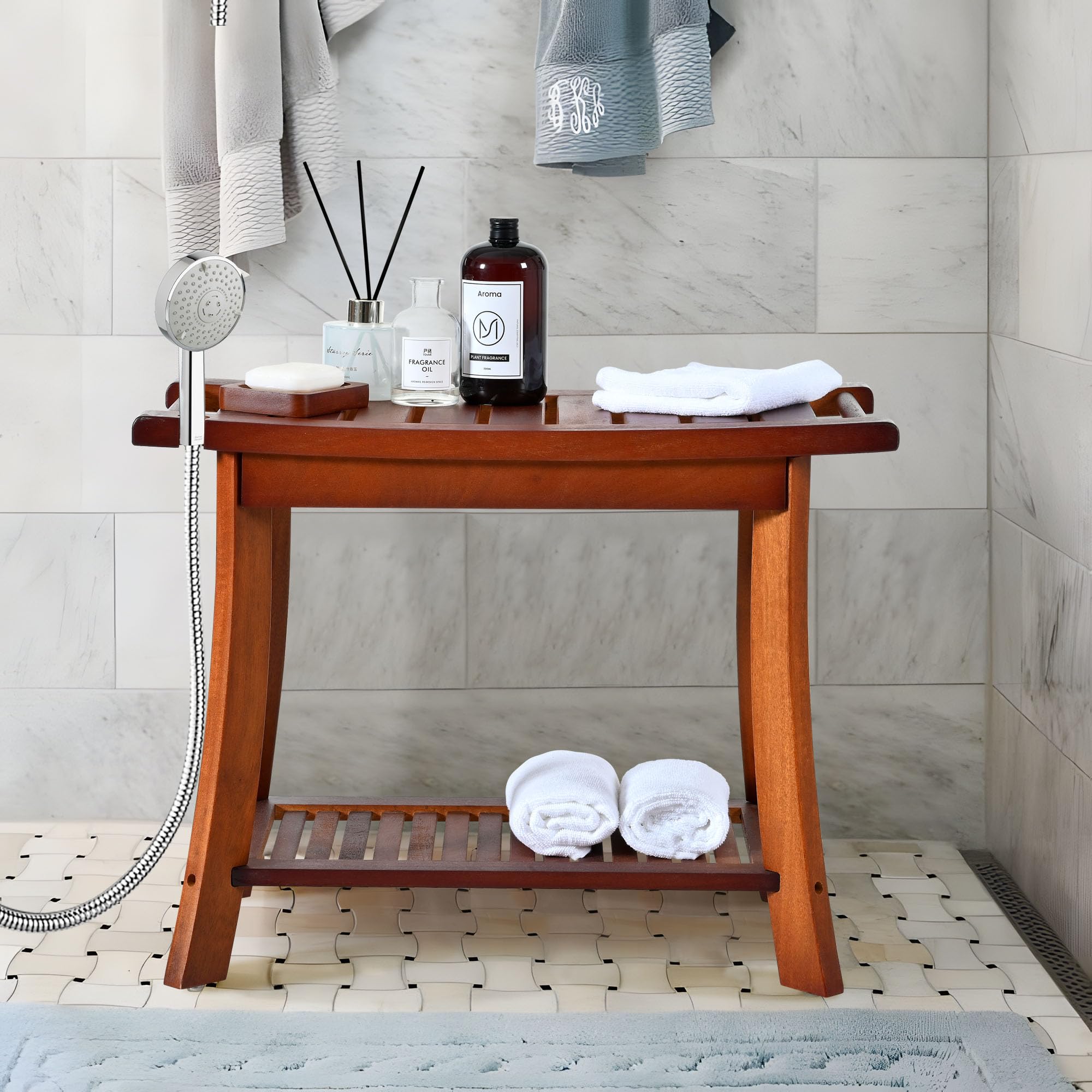 Teak Shower Chair Stool, 24 Inch Shower Bench Seat, Wooden Bathroom Bench with Storage Shelf for Adults, Elderly, Disabled Indoor & Outdoor Use (Walnut)