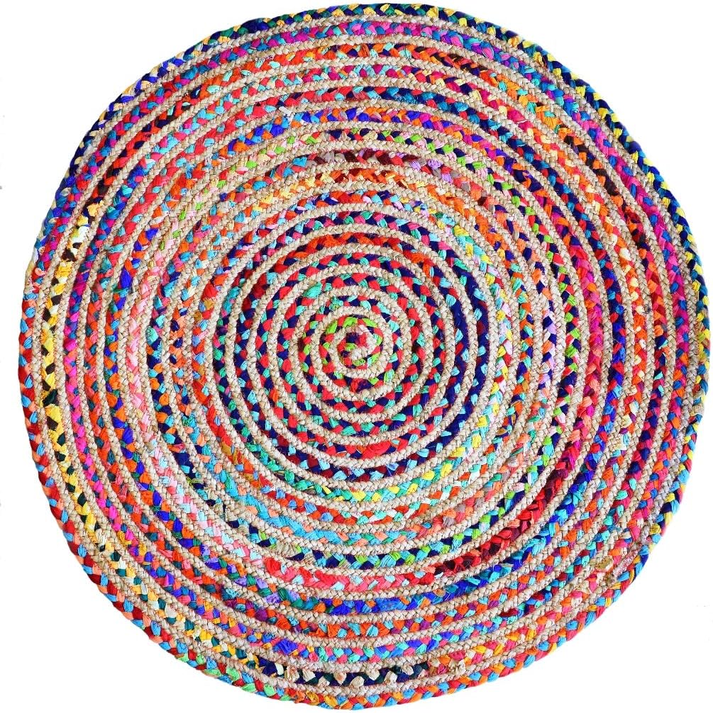 Round Rug Area Rug, Jute & Cotton Multi Chindi Braid Rug, Hand Woven & Reversible- Handwoven