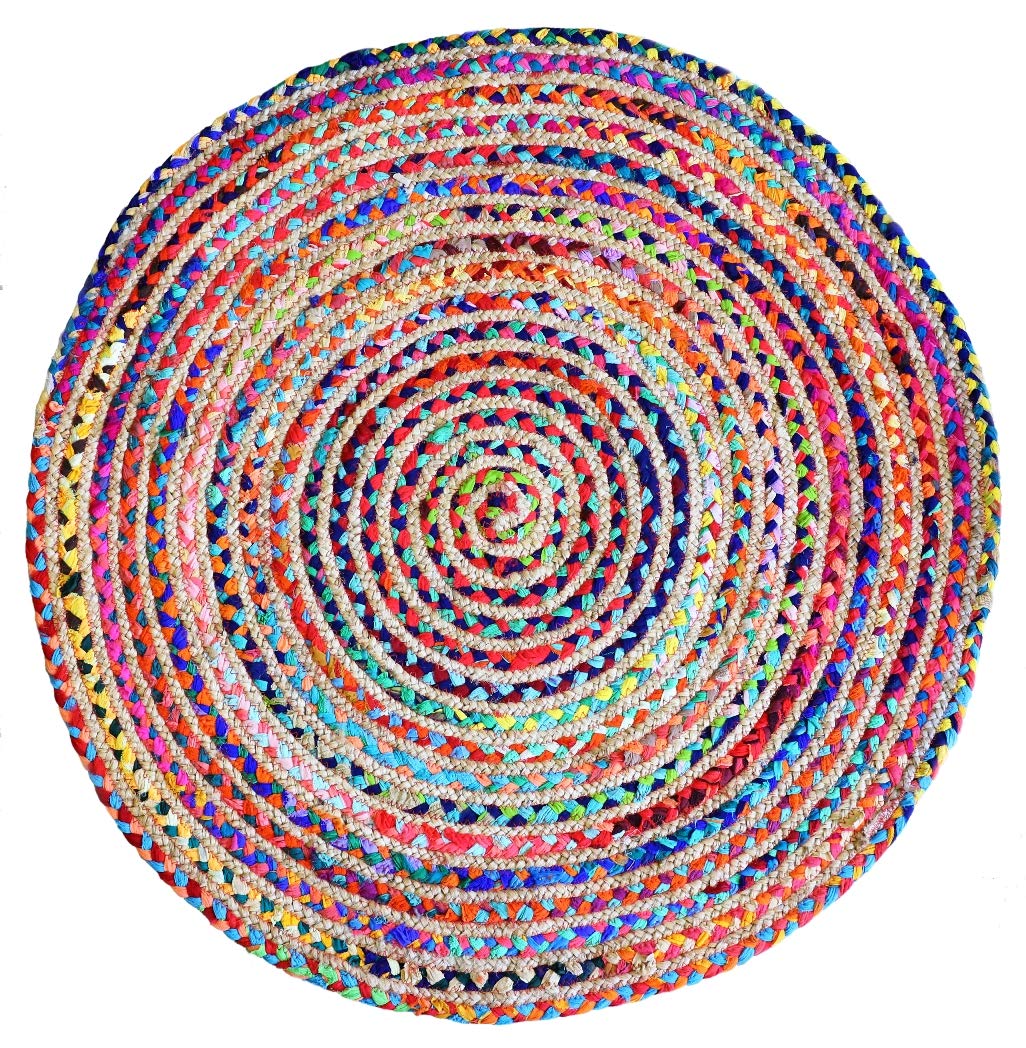 Round Rug Area Rug, Jute & Cotton Multi Chindi Braid Rug, Hand Woven & Reversible- Handwoven