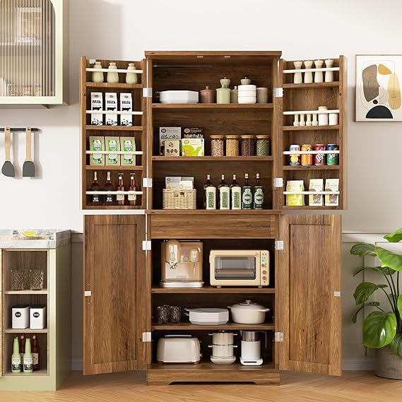 Kitchen Pantry Cabinet, Freestanding Farmhouse Storage Cabinet with 8 Door Shelves