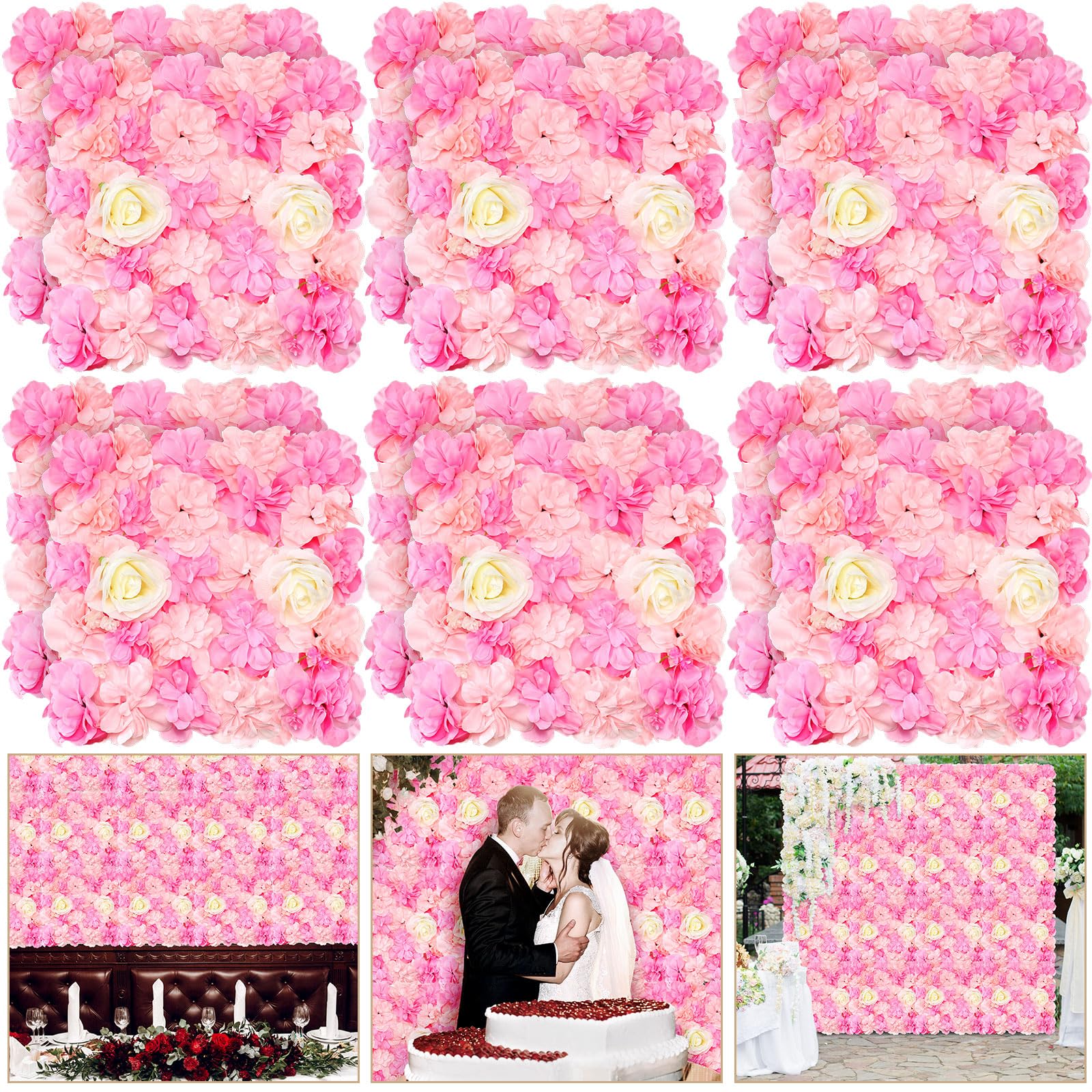 Tigeen 36 Pcs Flower Wall Panels 3D Silk Rose Floral Wall Decorative Faux Flower Wall Background for Wedding Home Decoration Background Shop Party Photo Arrangement (Pink, White, 15 x 15 Inch)