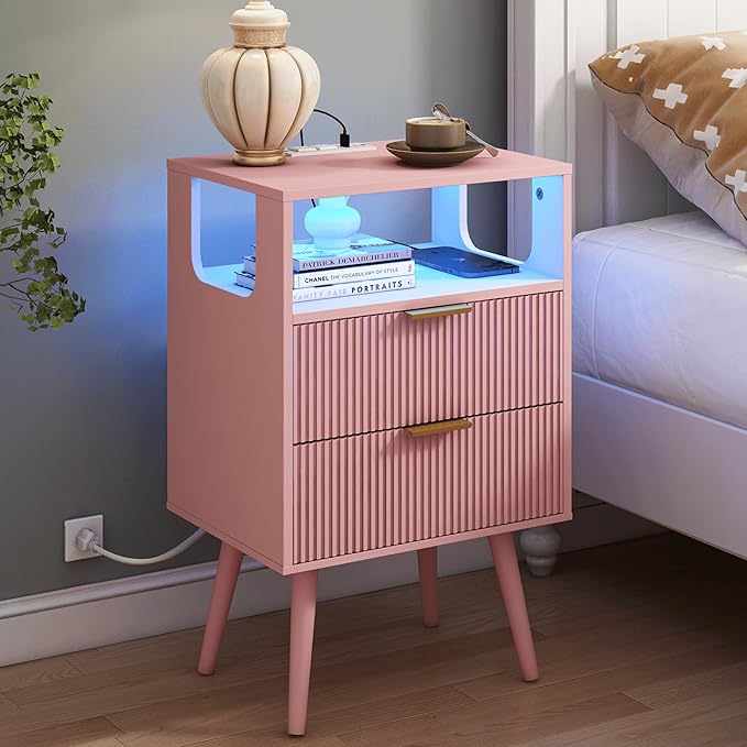 Bedroom Furniture Nightstand with Charging Station and LED Lights,Modern Bedside Table