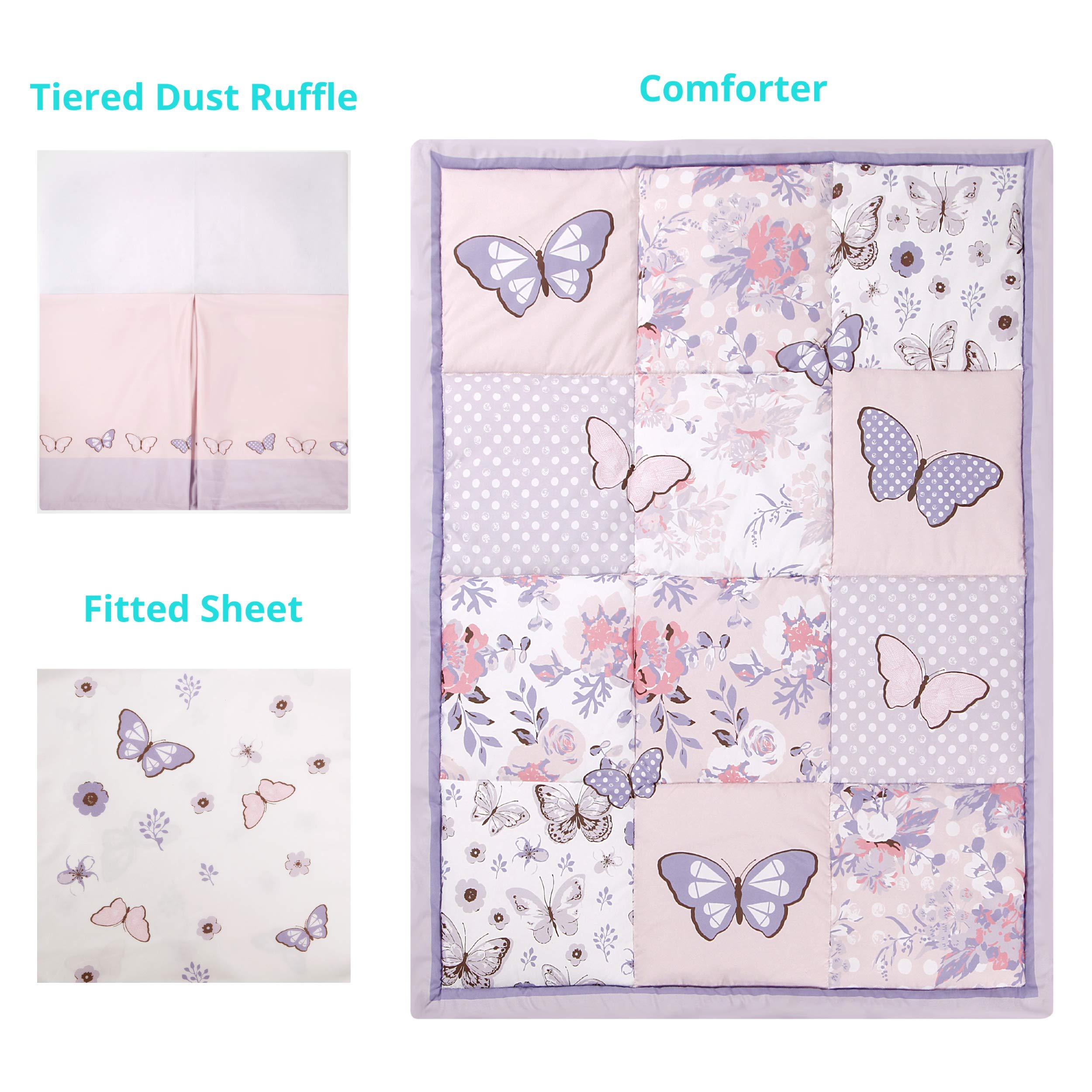 Baby Mini Crib Bedding Set for Girls, Pastel Purple Butterfly, 3 Piece Crib Set