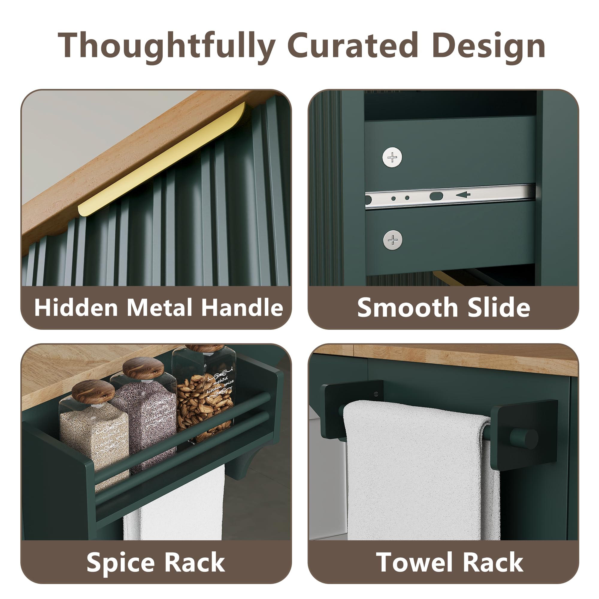 win2win Rolling Kitchen Island with Trash Can Storage, Portable Kitchen Island with Drop Leaf, Modern Farmhouse Kitchens Cart on Wheels with Fluted Design, Towel Rack, Spice Rack, Olive Green