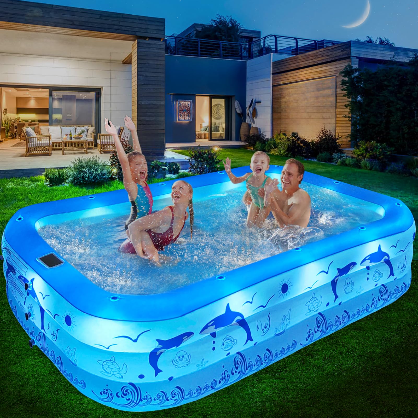 2025 Upgrade Inflatable Pools with Lights, Family Inflatable Swimming Pools for Kids