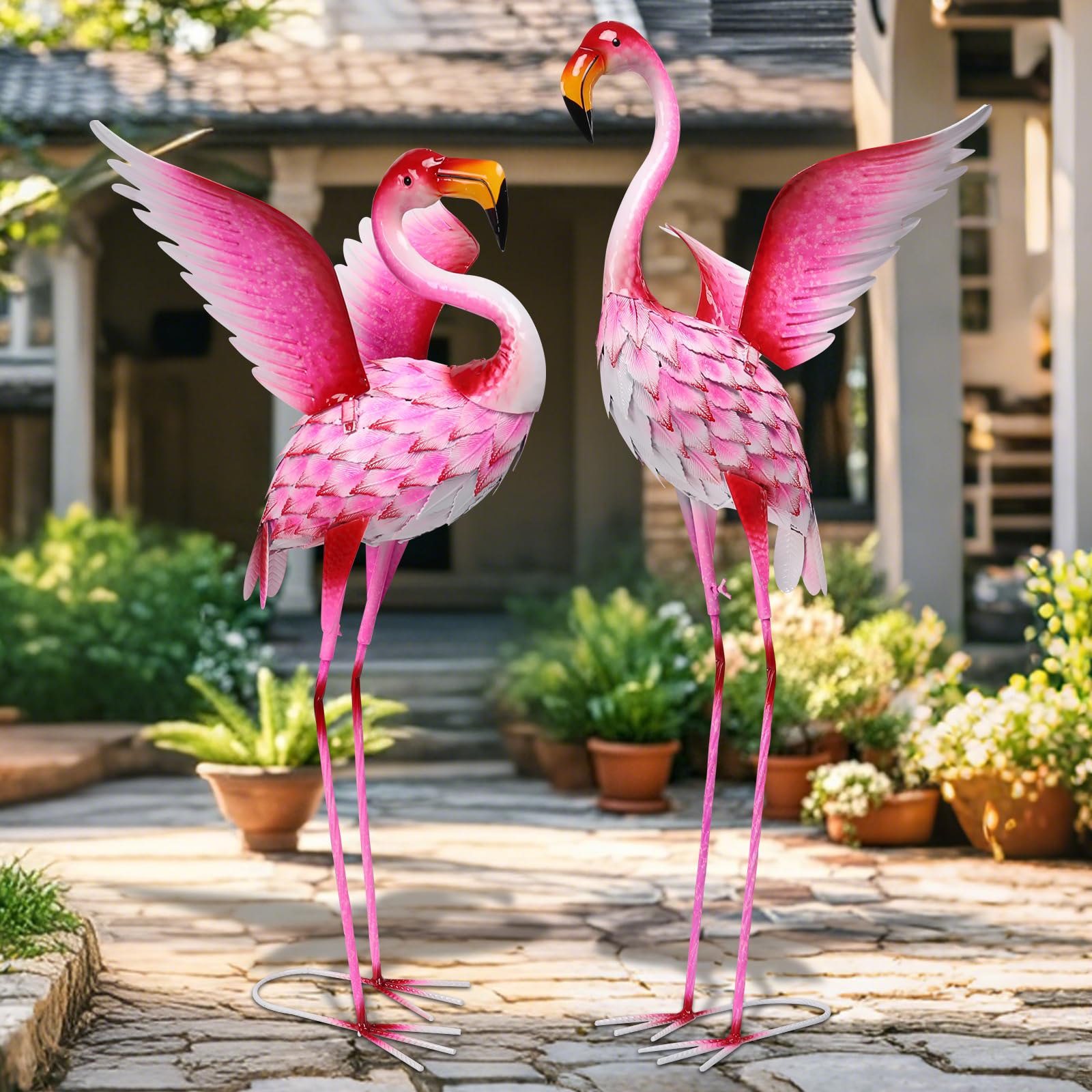 Pink Flamingo Statue-Garden Statues for Outside - 2 Pack Flamingos Sculptures Statue
