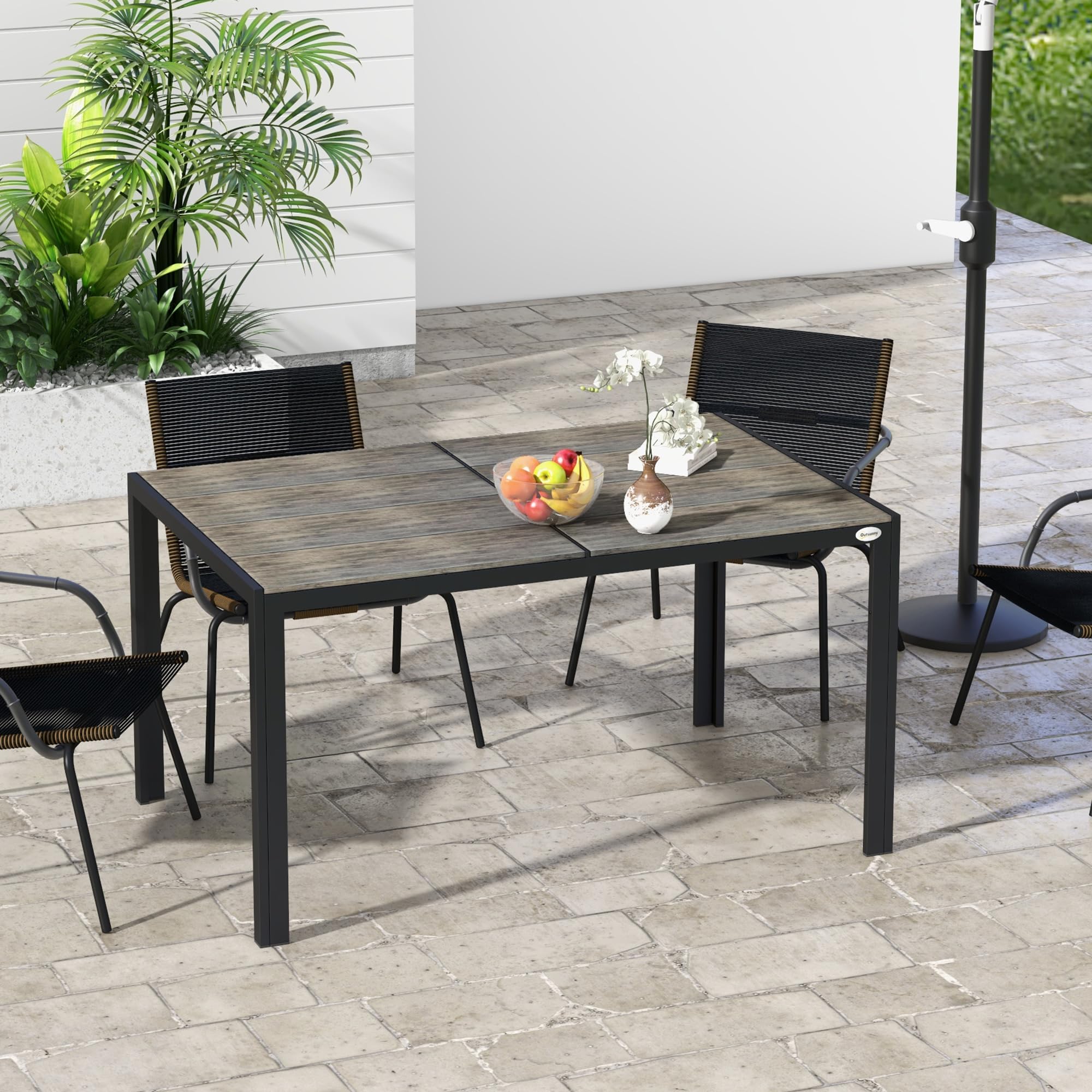 Outdoor Dining Table for 6 People, Aluminum Rectangular Patio Table with Faux Wood