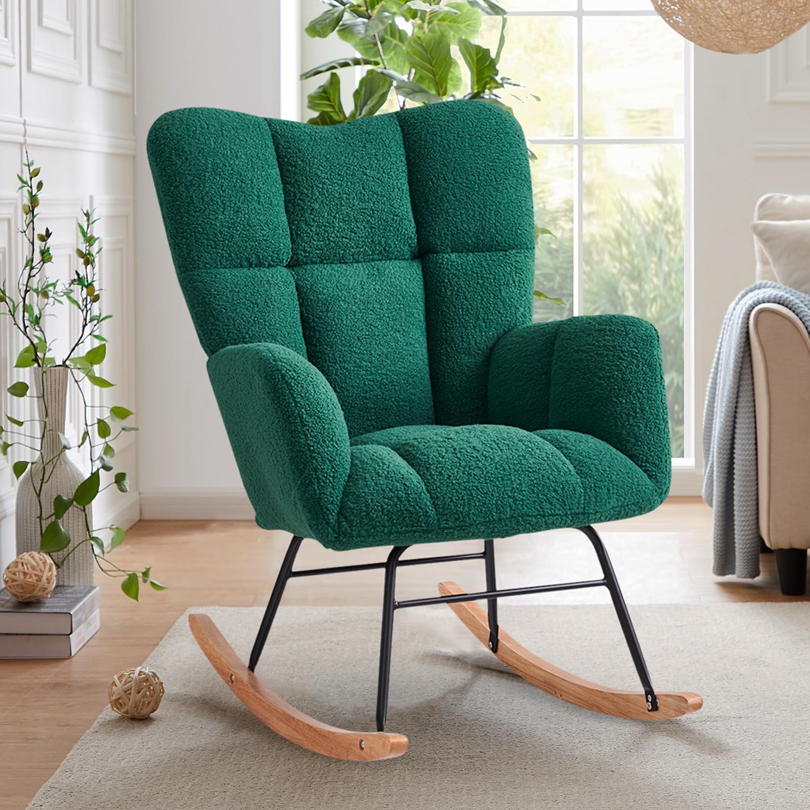 Rocking Chair Nursery, High Backrest Teddy Glider Rocker Upholstered Rocker Recliner
