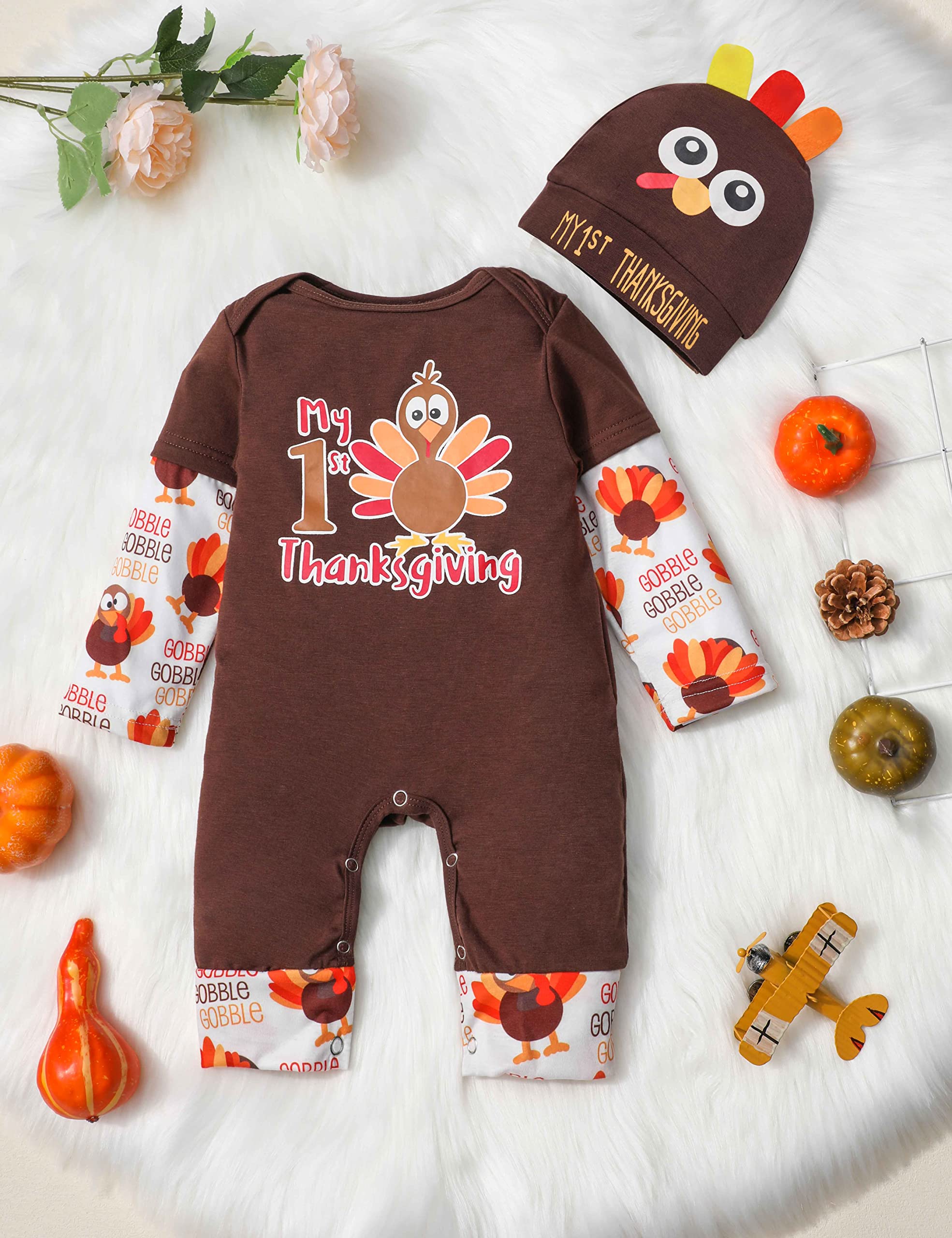 My First Thanksgiving Baby Boy Outfit Turkey One Piece Romper Long Sleeve Onesie