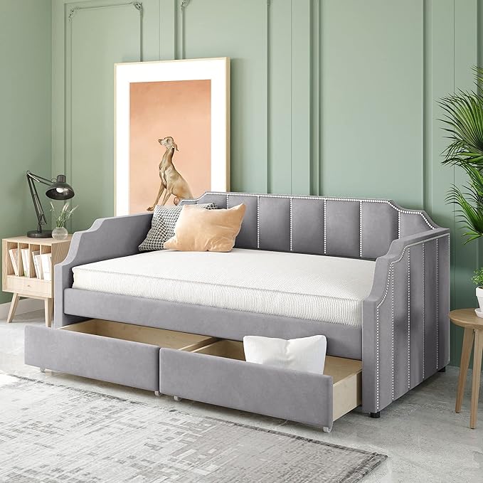 Twin Size Daybed with Storage Drawers - Upholstered Velvet Sofa Bed, Wood Slat Support