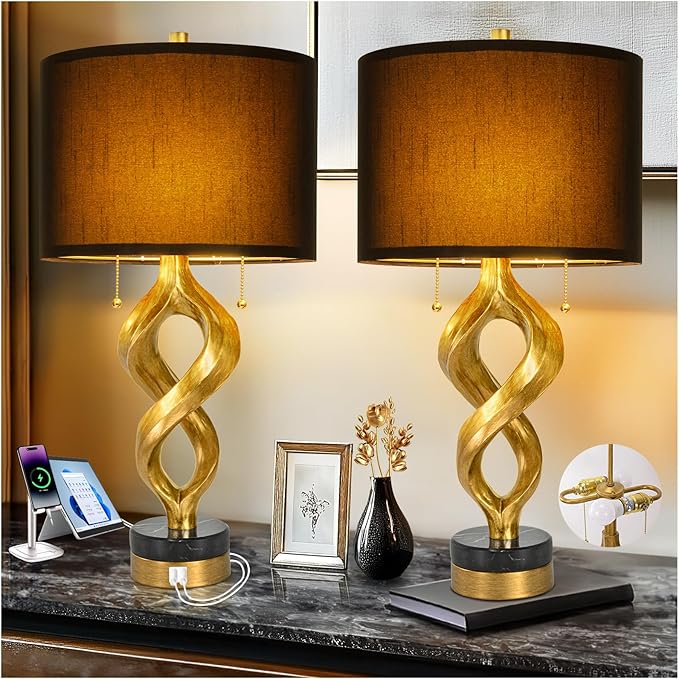 Lamp Set of 2 with USB Ports For Living Room, Gold Leaf Finish Farmhouse