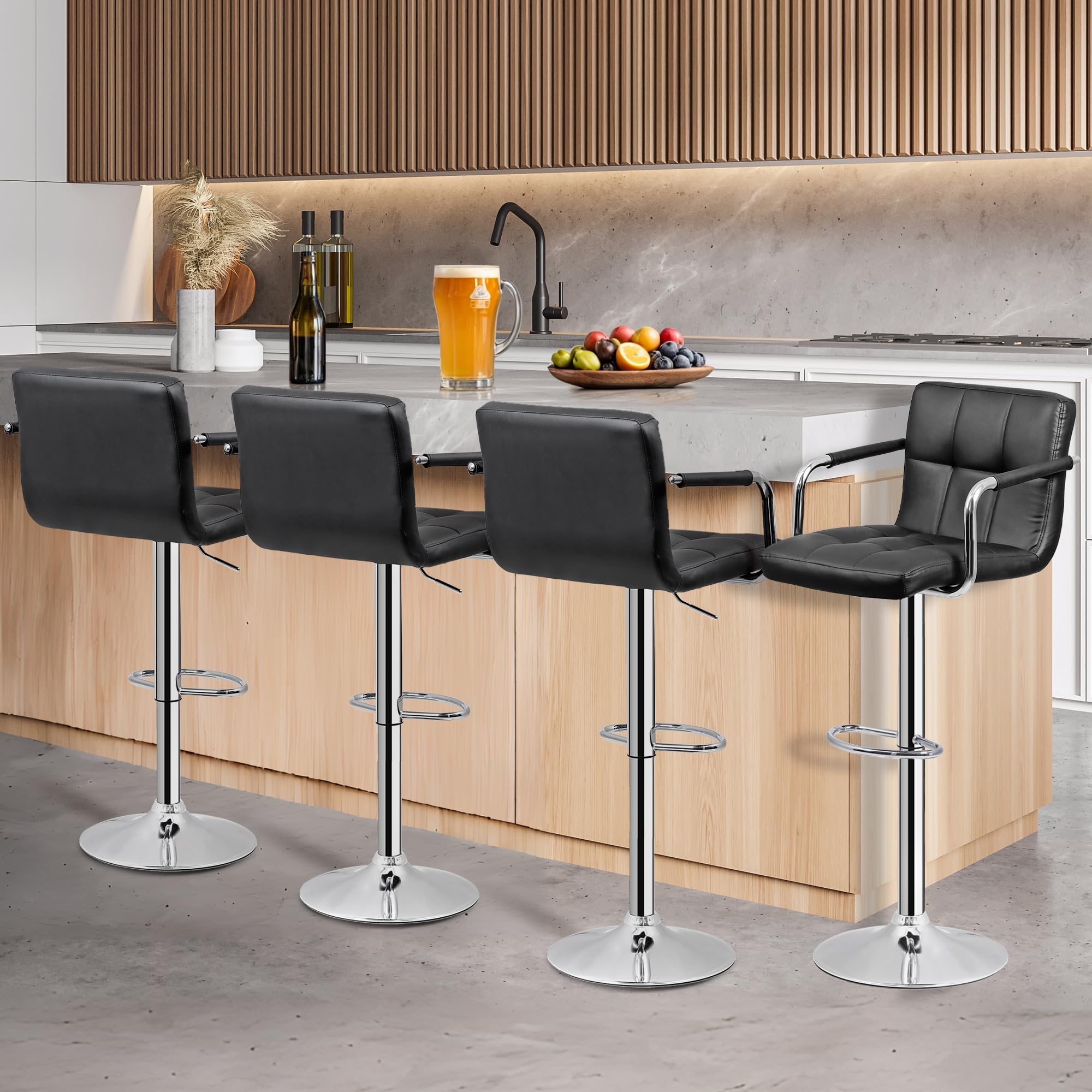 Bar Stools Set of 4, Modern PU Leather Adjustable Swivel Barstool with Back and Arms