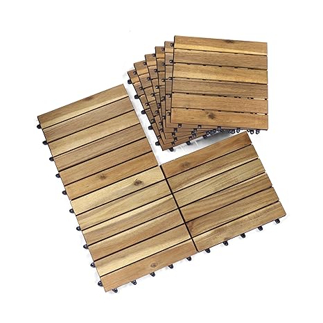 Acacia Wood Flooring Interlocking Deck Tiles for Patio Decor 9 Pcs 12 Slats