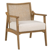 Alania Wood Accent Chair with Cane Back, Arms and Padded Seat, Linen Fabric