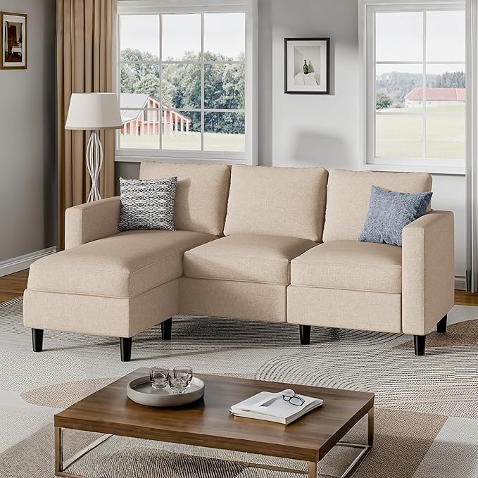 Small Sectional Couch with Ottoman, 3 Seat L Shaped Sofa